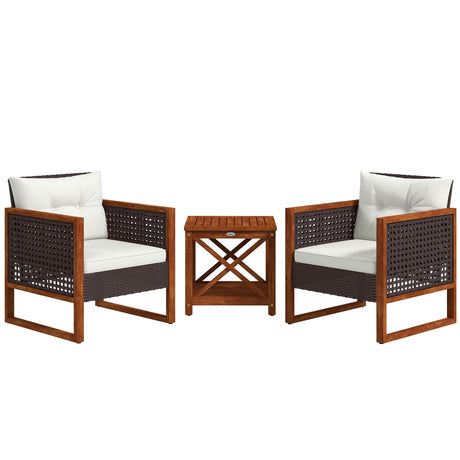 Outsunny 3 Pieces Patio Bistro Set Wooden with Cushions, PE Wicker Patio Furniture Outdoor for Porch, Backyard, Garden, Brown Outsunny