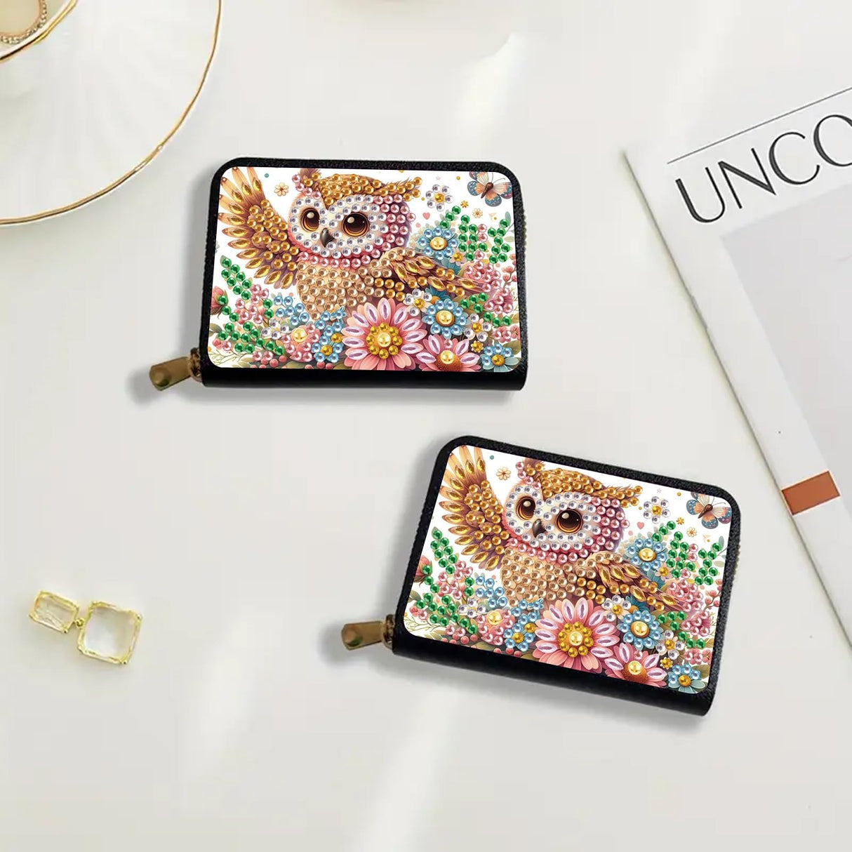 DoxQcs Anti-demagnetization Coin Card Holder, DIY Diamond Art Painting Leather Zipper Card Case Wallet-Owl-1 DoxQcs