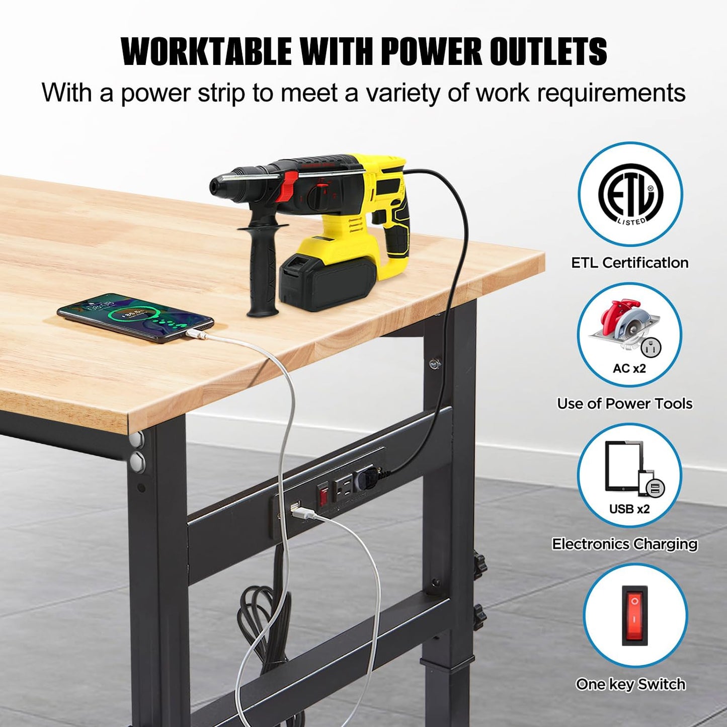 Work Bench, 48 Inch Adjustable Height Workbench Desk with Power Outlets, Rubber Wood Top Heavy-Duty Work Table, 2000 LBS Load Capacity Work Station for Garage, Workshop, Office, Home