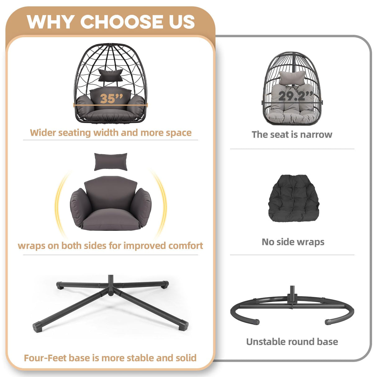 Egg Chair with Stand Outdoor Ratten Wicker Hanging Egg Chair Outdoor Indoor with Thickened Cushion Swing Chair Hammock for Patio Apartment Bedroom Garden Balcony (Dark Grey Wicker+Grey Cushion) ZZW