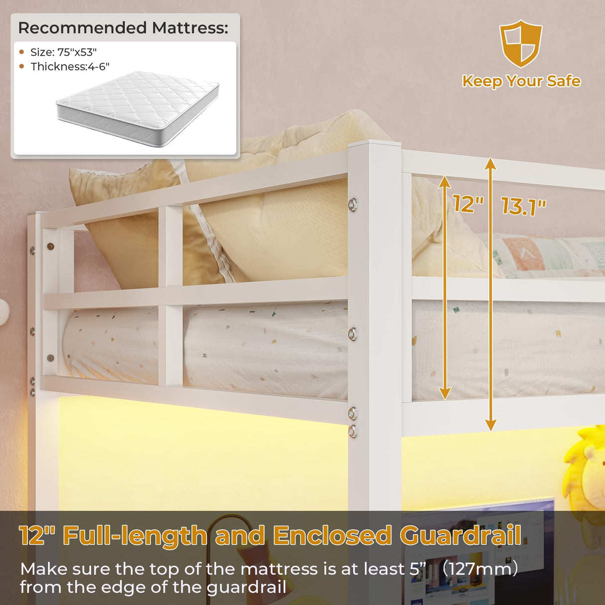 DICTAC Loft Bed Full Size with Desk and Led Lights Metal Full Loft Bed with Power Outlet Full Size Bed Frame with Top Bunk and Safety Guard & Ladder, Space-Saving,No Noise,No Box Spring Needed, White DICTAC