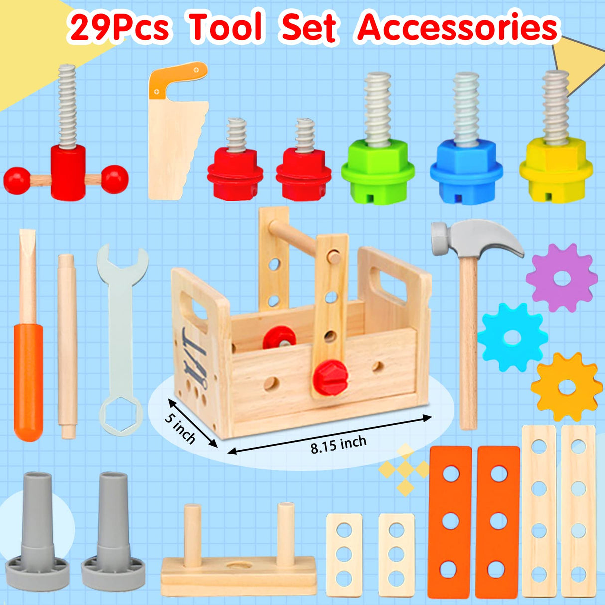 Mgtfbg Kids Tool Set - 29 PCS Wooden Toddler Tool with Box, Montessori STEM Educational Pretend Play Construction Toy for 2 3 4 5 6 Year Old Boys Girls, Best Birthday Gift Mgtfbg