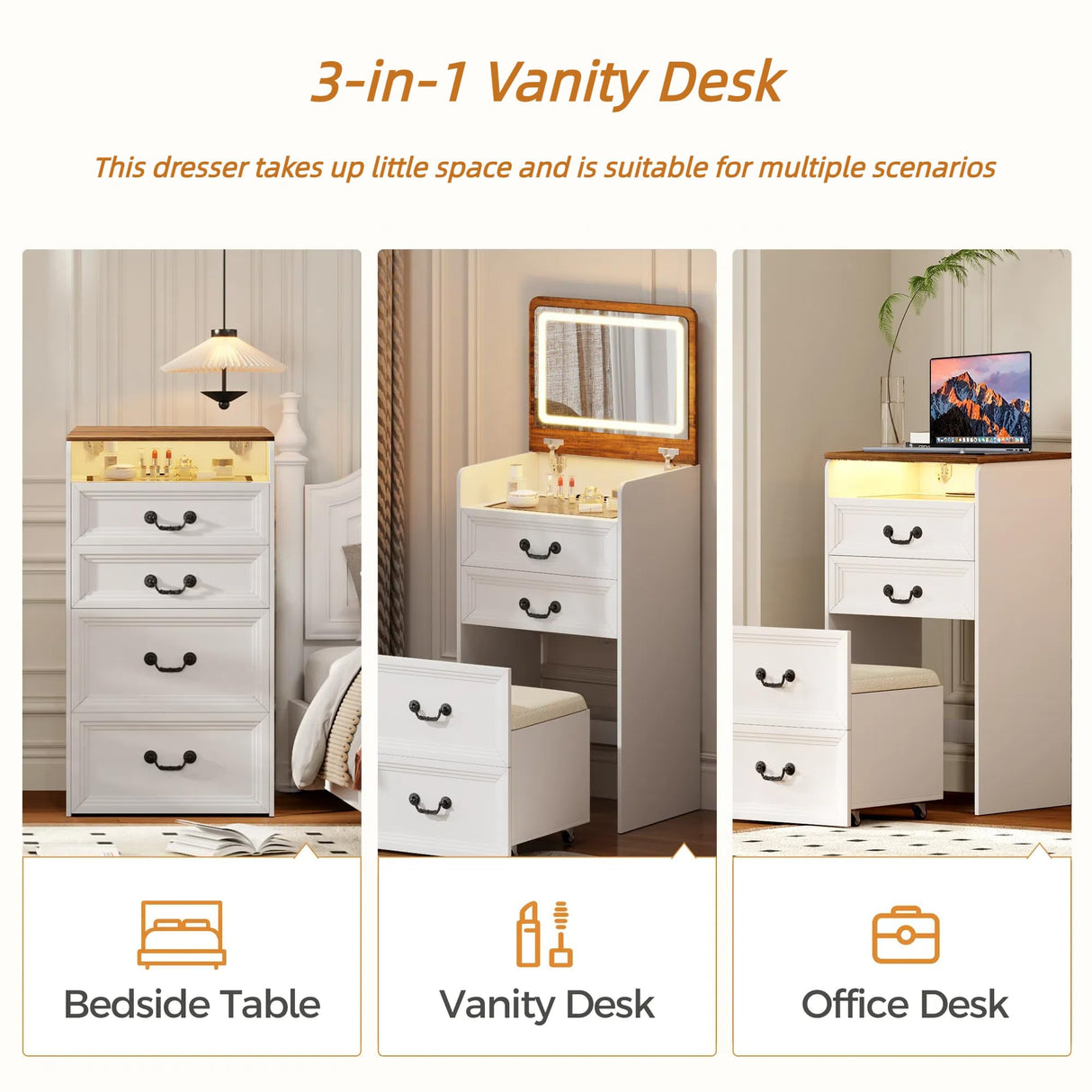FONTOI Vanity Desk, 3 in 1 Vanity Desk with Hidden Chair, Farmhouse Vanity with Mirror and Lights, Small Makeup Vanity with Charging Station Storage Shelf for Bedroom, White & Brown FONTOI