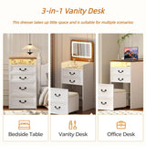 FONTOI Vanity Desk, 3 in 1 Vanity Desk with Hidden Chair, Farmhouse Vanity with Mirror and Lights, Small Makeup Vanity with Charging Station Storage Shelf for Bedroom, White & Brown FONTOI