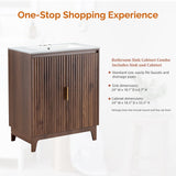 VINGLI 30Inch Walnut Fluted Bathroom Vanity with Ceramic Sink, 2-Door Cabinet, Mid-Century Modern Style, Perfect for Medium to Small Bathrooms VINGLI