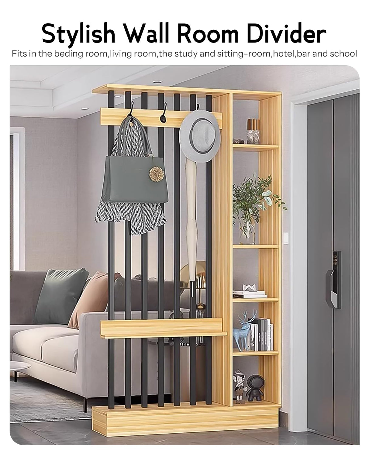 Wall Room Divider, Modern Freestanding Wood Room Divider Screen with Coat Rack Cabinet and Display Shelf for Home Office Decorative (Khaki,39.5" L x 11.8" W x 79" H) Kavie