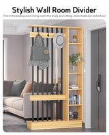 Wall Room Divider, Modern Freestanding Wood Room Divider Screen with Coat Rack Cabinet and Display Shelf for Home Office Decorative (Khaki,39.5" L x 11.8" W x 79" H) Kavie