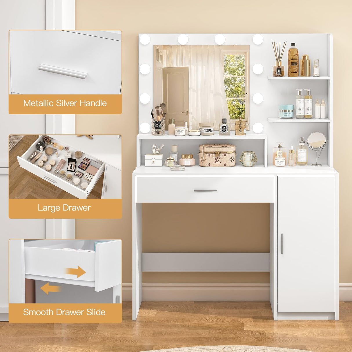 Quimoo Makeup Vanity Desk with Mirror and Lights, Vanity Desk with Large Drawer & Shelves & Cabinet, 3 Color Modes & Adjustable Brightness, Dressing Table Set for Bedroom,White Quimoo