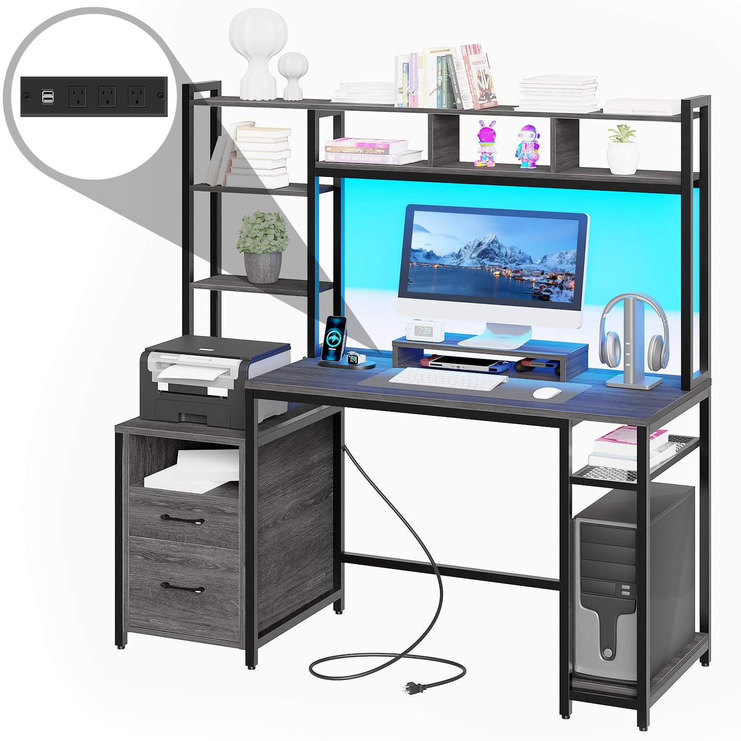 Vabches Computer Desk with Drawers and Shelves, Home Office Desk with Hutch Removable Monitor Stand, Gaming Desk with LED Lights Power Outlets for Study Office Writing Game (Rustic Grey) - WoodArtSupply