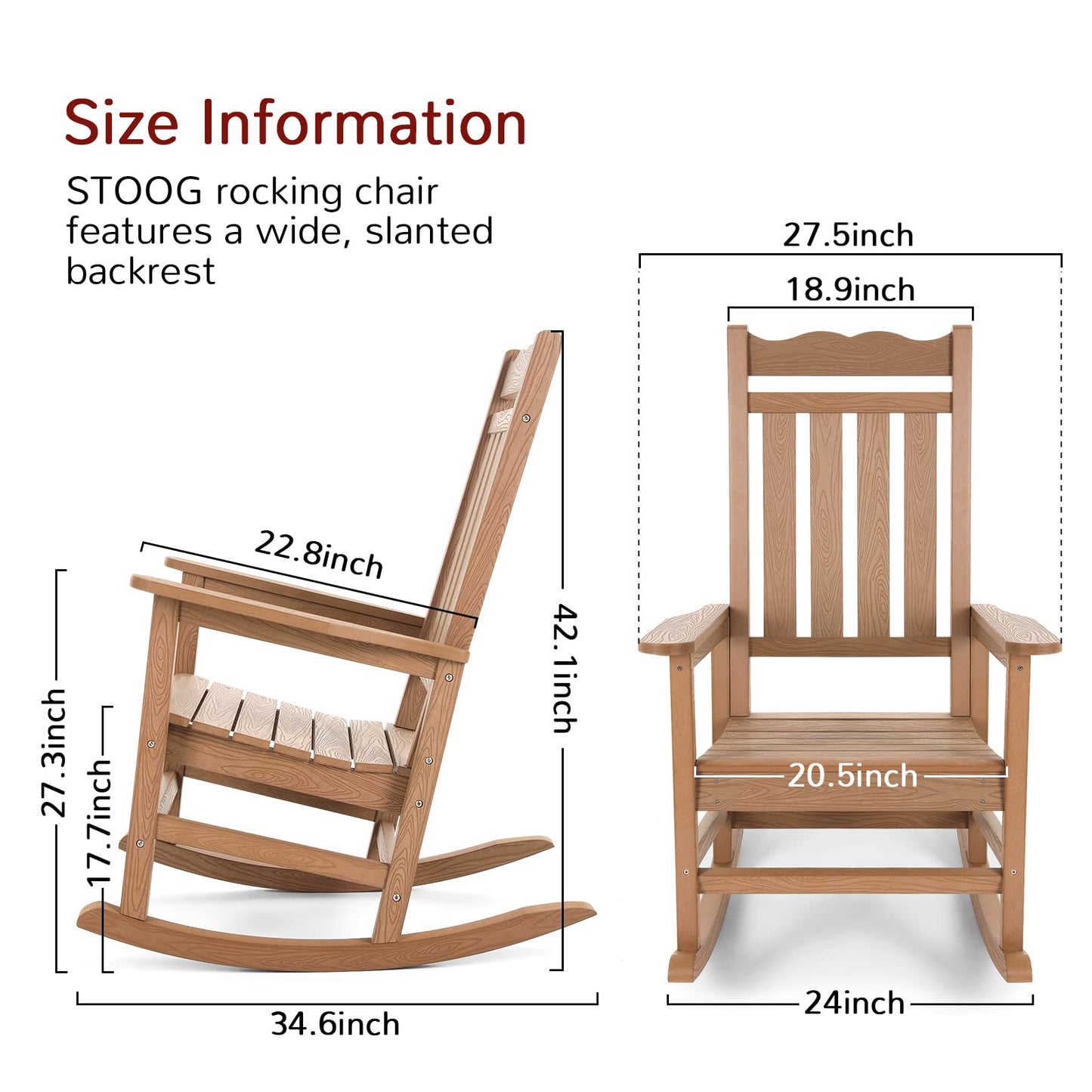 Stoog Patio Rocking Chairs Set of 2, All-Weather Outdoor & Indoor Porch Rocker with 400 lbs Weight Capacity, Front Porch Rocker Chairs Looks Like Real Wood, Teak