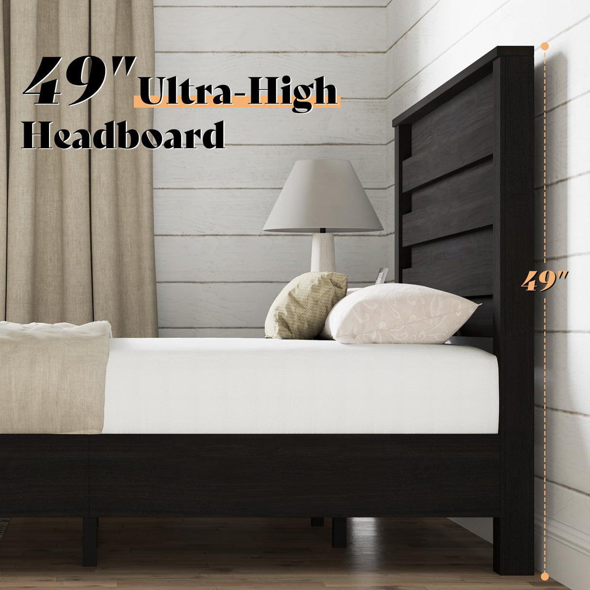 AMERLIFE Farmhouse King Size Bed Frame with 49" Fluted Headboard, Wood Platform Bed with Natural Grain, No Box Spring Needed/Noise Free, Black AMERLIFE