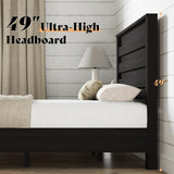 AMERLIFE Farmhouse Queen Size Bed Frame with 49" Tall Headboard, Platform Bed with Natural Wood Grain, No Box Spring Needed/Noise Free, Black AMERLIFE