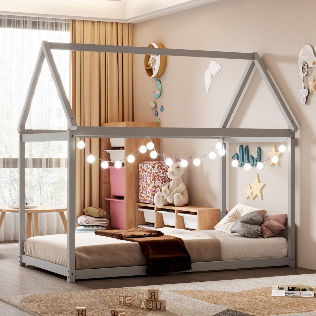 Giantex Twin House Bed Frame - Montessori-Inspired Wood Bed with Canopy Design for Kids and Teens in Grey Giantex