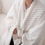 Linecooo Cream White Fleece Throw Blanket 50”×60” for Couch Sofa Bed,Super Soft Cozy Plush Microfiber Flannel Blanket with Stripes Design Lightweight for Adults,Woman,Girls Linecooo