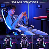 Gaming Chair with Speakers and Lights Ergonomic Computer Gaming Chair with Footrest LED RGB Lights Massage High Back Music Video Game Chair with Lumbar Support White and Black VANSPACE