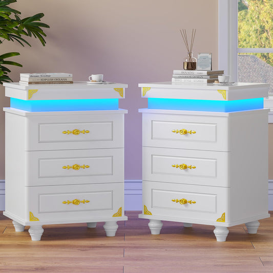 ADORNEVE LED Nightstands Set of 2, White Nightstand with Charging Station, Modern Bedroom End Side Table with LED Lights, Wooden Sofa Bedside Table with Drawers