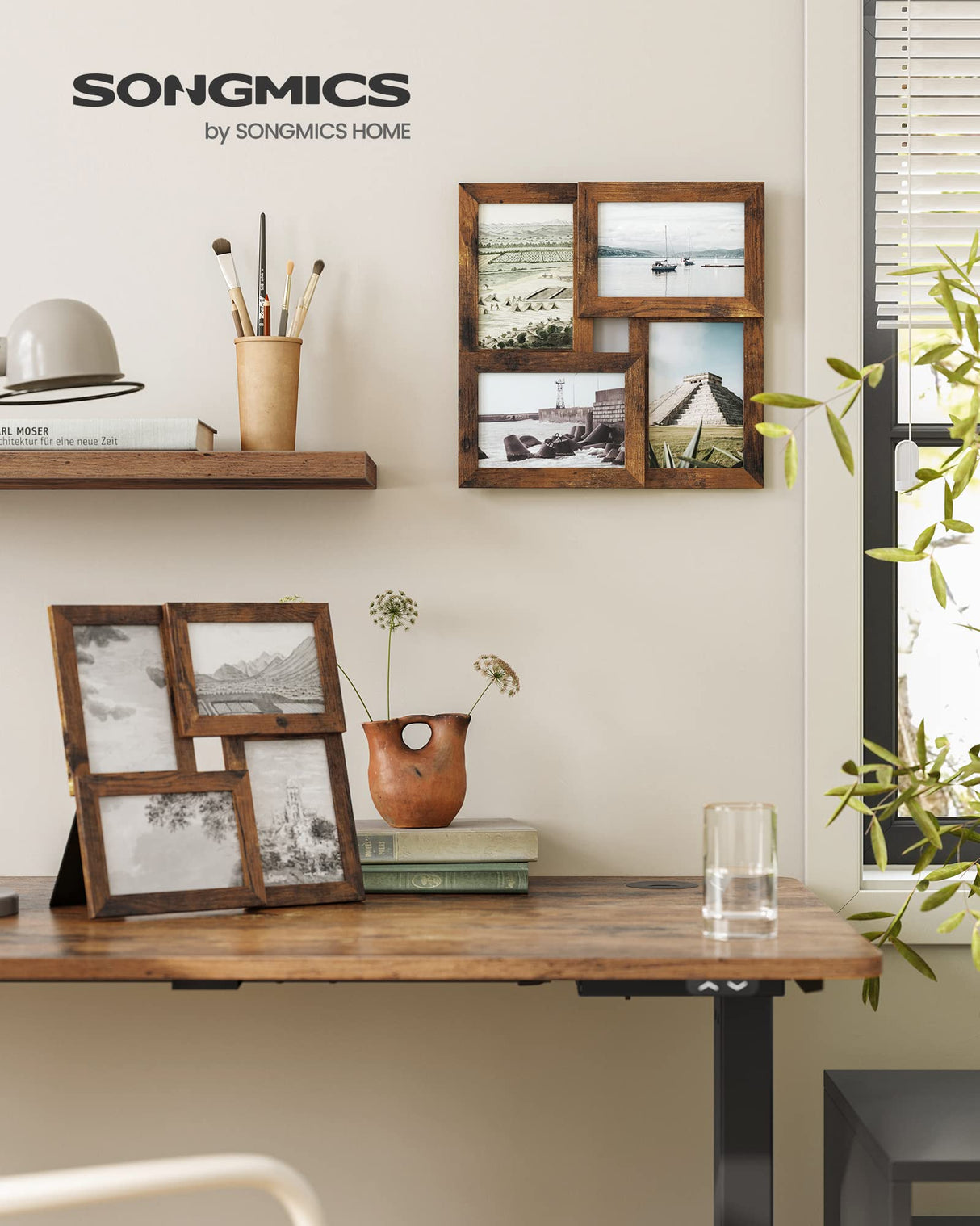 SONGMICS 4x6 Collage Picture Frames, Family Photo Collage Frame Set of 4 for Wall Decor, Glass Front, Wall Hanging or Tabletop, Rustic Brown SONGMICS