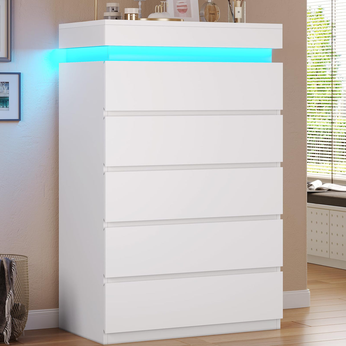 HAUOMS Tall 5 Drawer Dresser with LED Light, White Modern Chest of Drawers for Bedroom,Closet Dressers with Drawers for Living Room, Entryway, Hallway HAUOMS