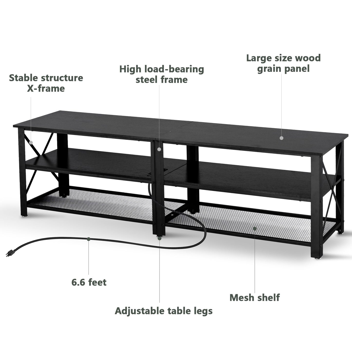 Clikuutory Modern Black 63 inch Metal TV Stand with LED Lights and Power Outlets for 40 50 55 60 65 70 Inch TVs, 3 Tier Television Stands with Entertainment Center and Storage for Living Room, Bedroom