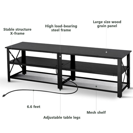 Clikuutory Modern Black 63 inch Metal TV Stand with LED Lights and Power Outlets for 40 50 55 60 65 70 Inch TVs, 3 Tier Television Stands with Entertainment Center and Storage for Living Room, Bedroom Clikuutory
