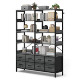 HAUOMS Bookshelf with 8 Fabric Drawers, 7-Tier Bookcase with Baffles Display Shelves, Industrial Large Book Shelf for Living Room Home Office, Grey HAUOMS