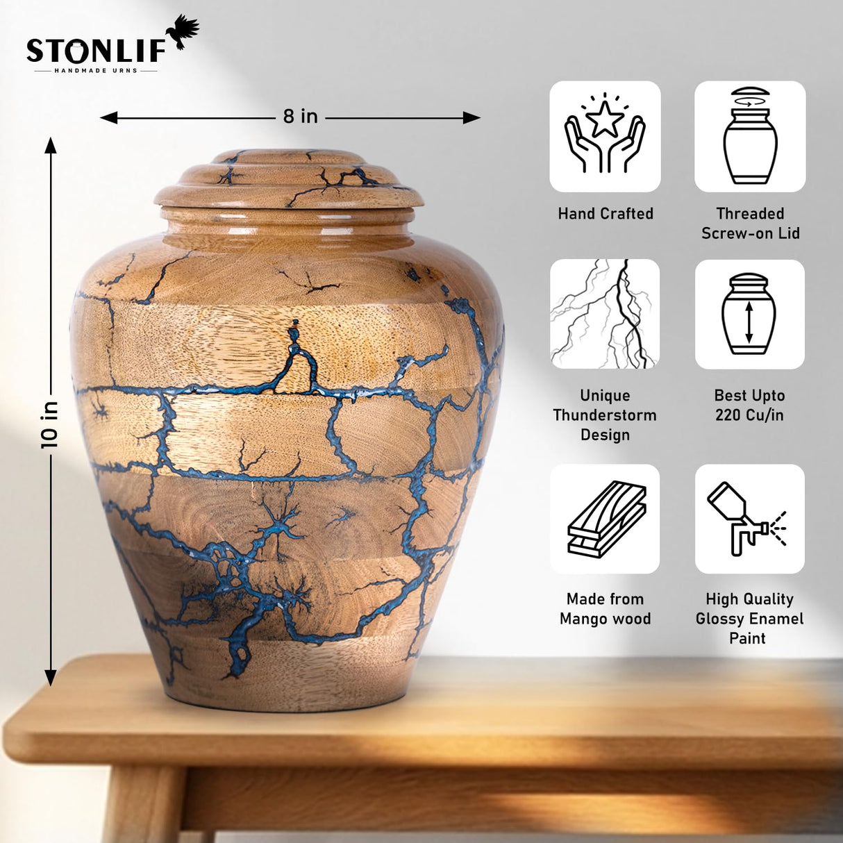 STONLIF Wooden Cremation Urns for Human Ashes 200 Cubic Inches - Urn for Adult Male & Female - Decorative Urns, Funeral Urns, Burial Wood Urns for Men, Women & Loved Ones - Blue, Large (200 lbs) STONLIF
