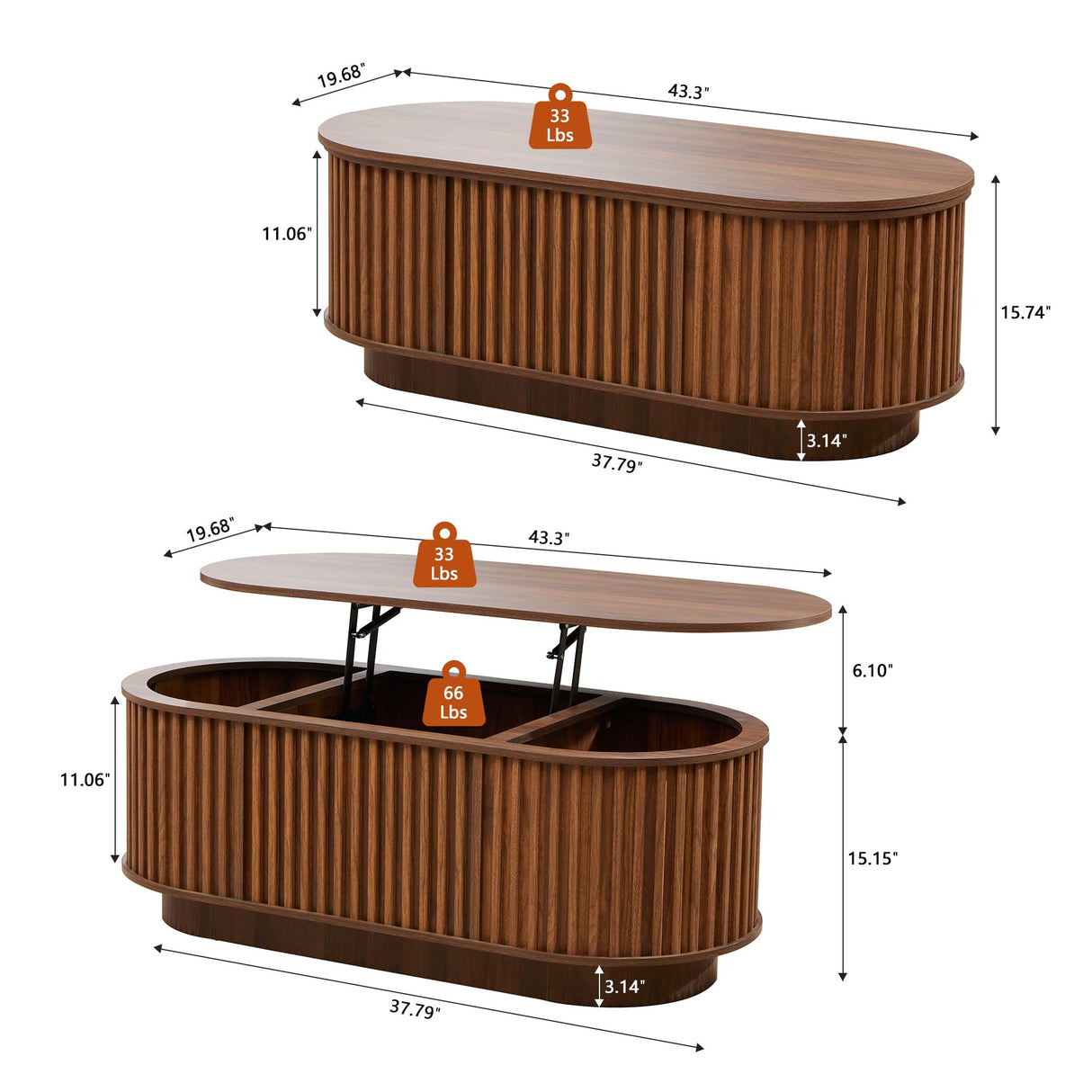 CHILILTDUS Oval Lift Top Coffee Table with Storage, 43.3”Mid Century Modern Center Table with Hidden Compartment, Fluted Wooden Lift Tabletop Dining Tables for Living Room Apartment Home Office,Walnut CHILILTDUS