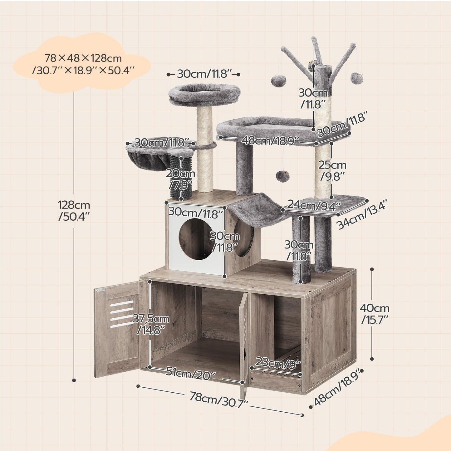 HOOBRO Large Hidden Litter Box, Cat Tree with 30.7'' Long Litter Box Enclosure, Modern Cat Tower, Cat Condos with Scratching Posts, Rubbing Post, Hammock and Teaser Sticks, Greige BG28MZ03G1