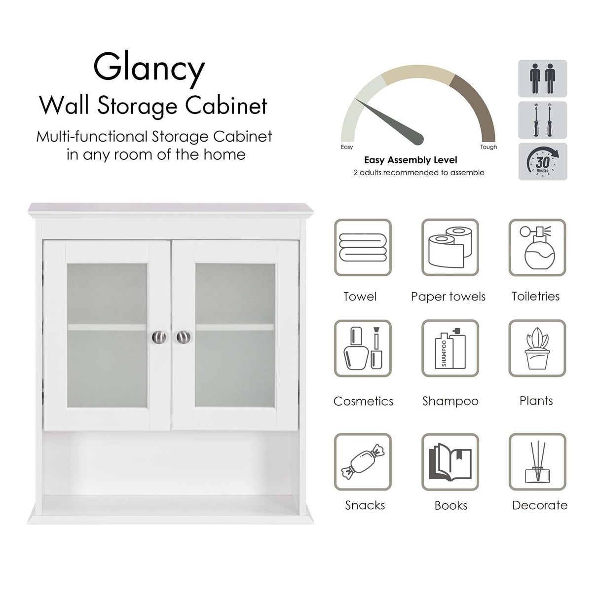 Spirich Bathroom Cabinet Wall Mounted, Medicine Cabinet Organizer with Glass Doors and Adjustable Shelves, Bathroom Wall Cabinet Over Toilet, White Spirich