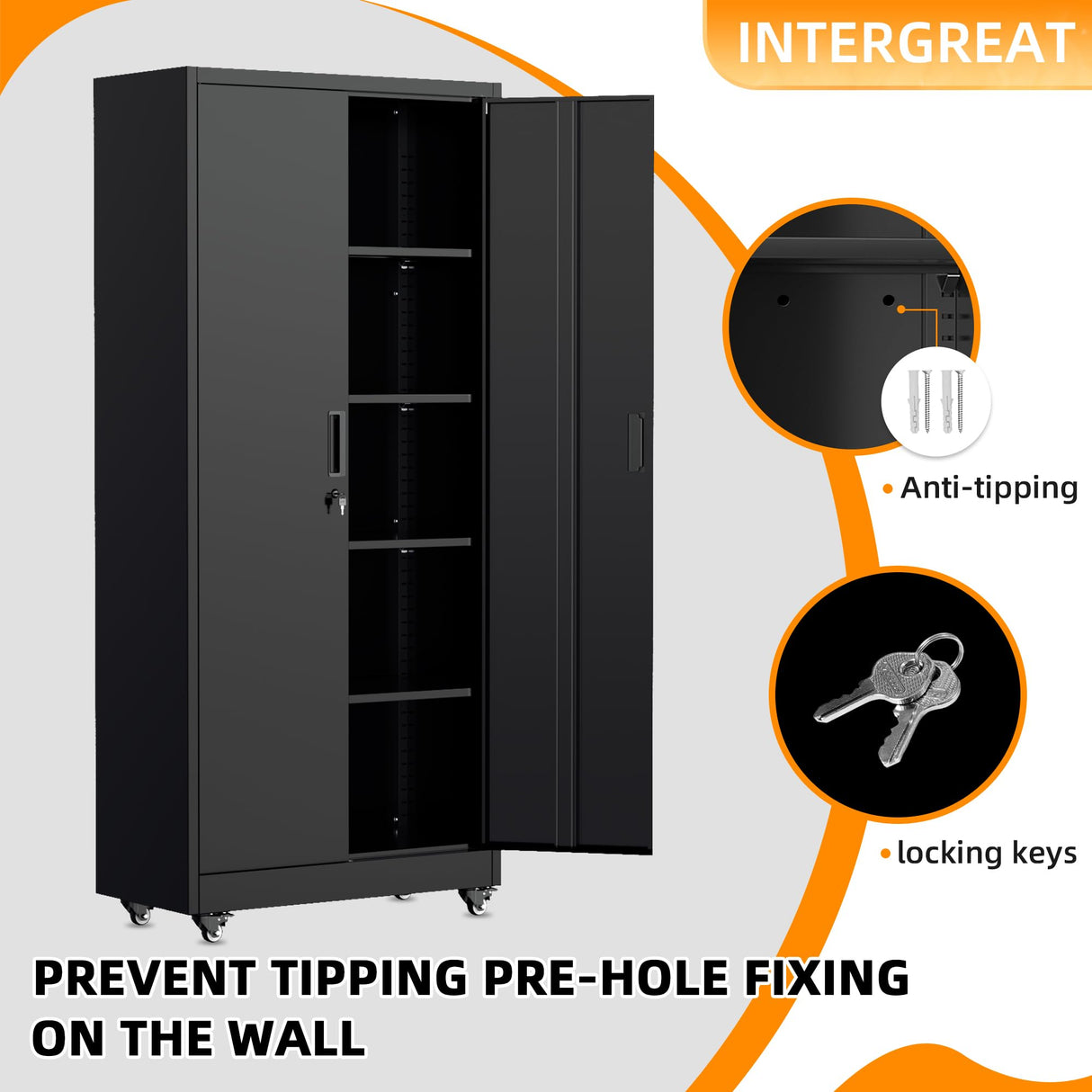 Bonusall 73" H Metal Storage Lockers with Wheels,Rolling Garage Cabinet with Locking Doors and 4 Adjustable Shelves,Metal Locker Organizer Cabinet for Garage,Office,Kitchen,Basement(Black) Bonusall