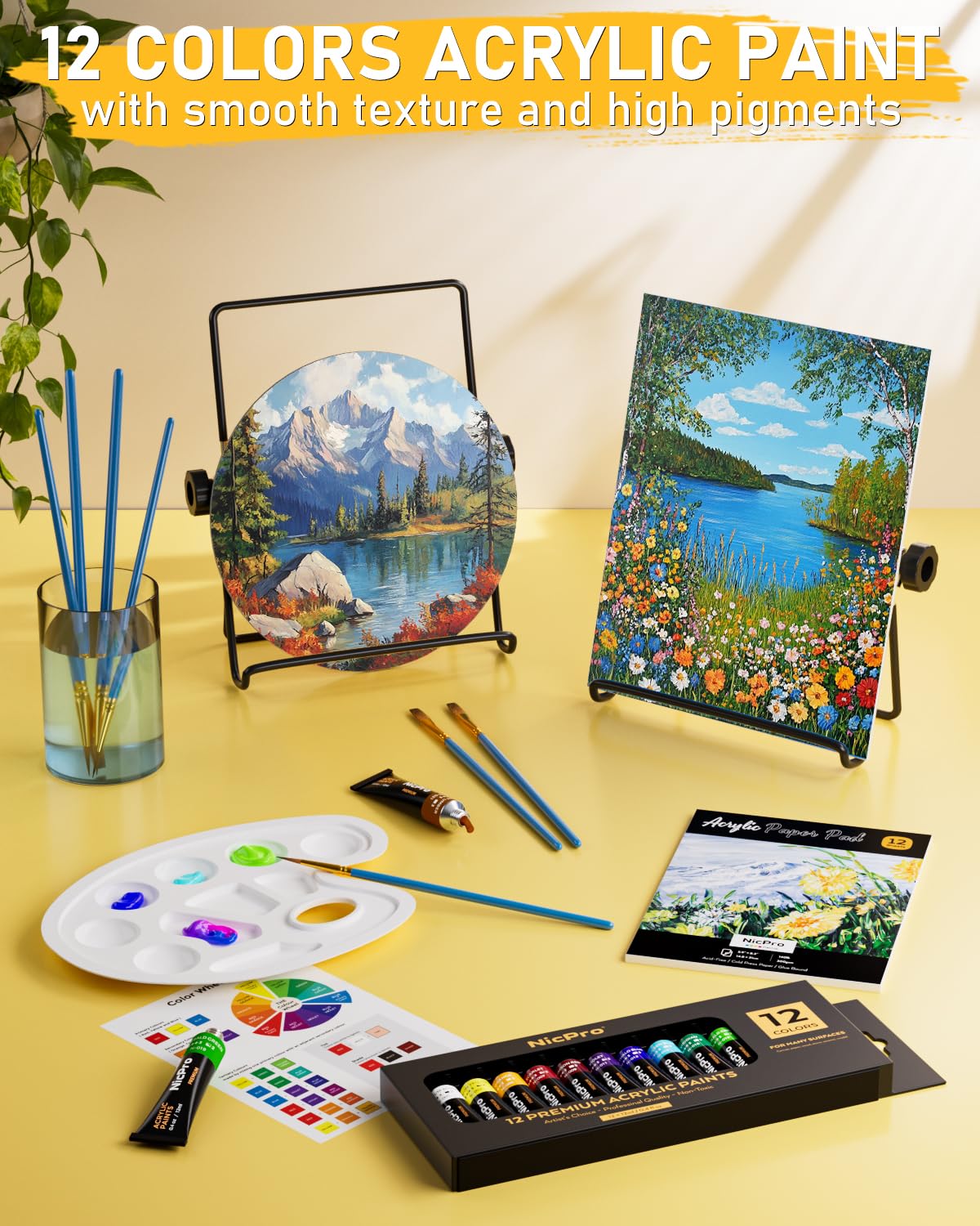 Nicpro Acrylic Paint Canvas Set for Adults & Kids, 80PCS Art Painting Supplies Kit with 2*12 Colors Paint, 6 Canvas, 2 Table Easel, 2*10 Brushes, 2 Paper Pad, 2 Palette for Artist Beginner Students Nicpro