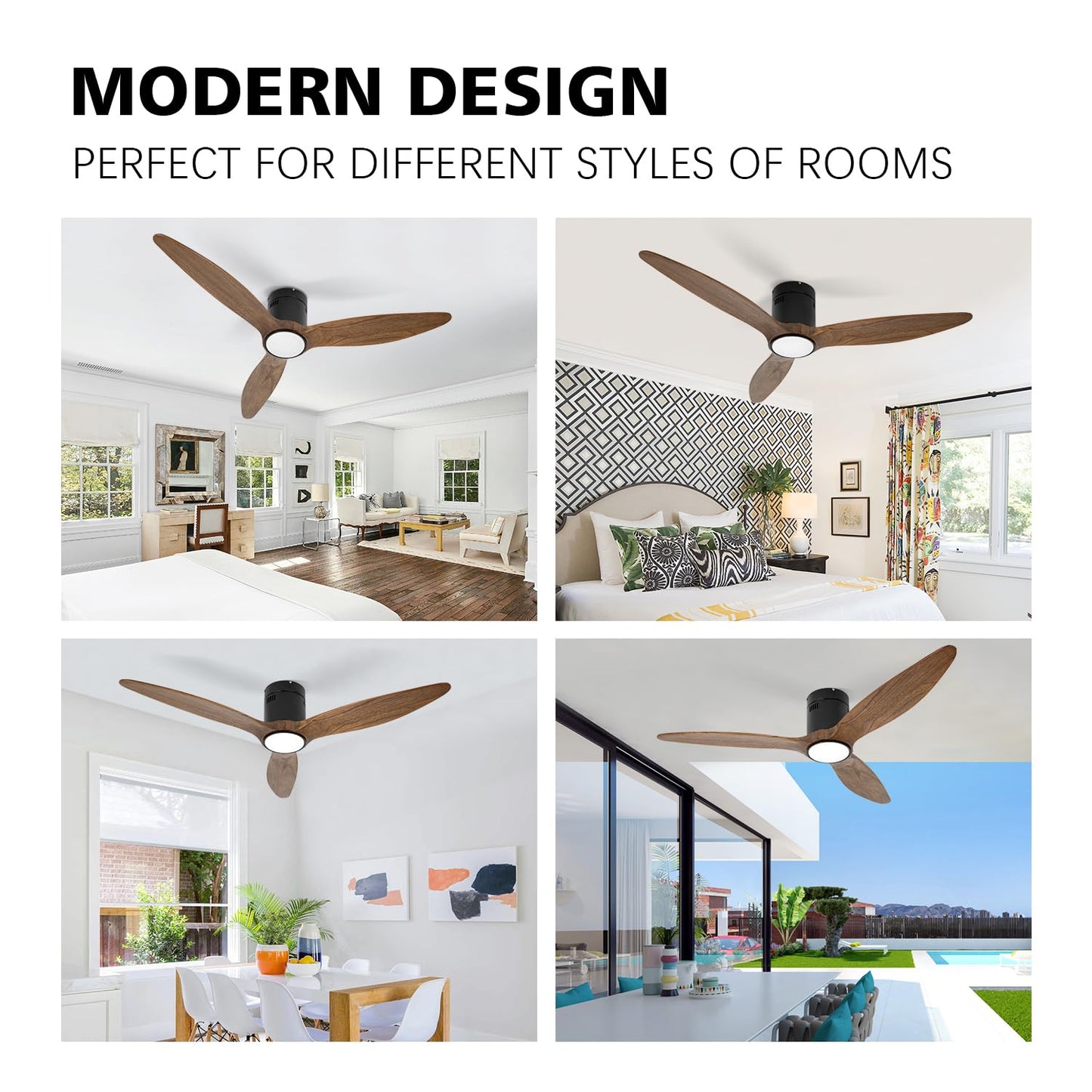 OUATER Flush Mount Ceiling Fan with Lights,52 inch Wood Low Profile Ceiling Fan with Remote,3 Color Light,DC Motor,6 Speed,for Bedroom/Outdoor/Farmhouse/Patios,Solid Amber Wood - WoodArtSupply