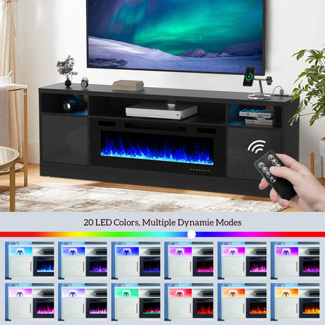BREEZEHEAT Electric Fireplace TV Stand-Led Entertainment Center-70 inch TV Stand with 36" Electric Fireplace-Living Room Tv Cabinet with Storage for TVs Up to 80"，Modern Media Console (Black) BREEZEHEAT