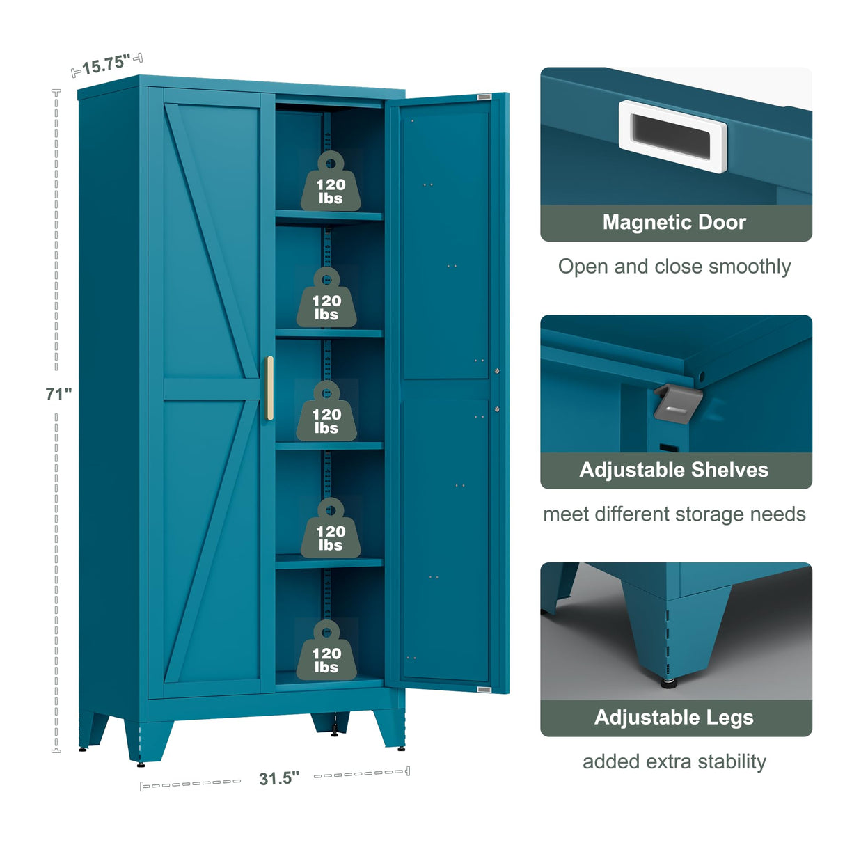 Washsemba 71'' Farmhouse Metal Storage Cabinet with Barn Doors，Steel File Cabinet for Home Office，Kitchen Pantry 4 Adjustable Shelves，Freestanding Cupboard for Kitchen，for Office, Home (Peacock Blue) Washsemba