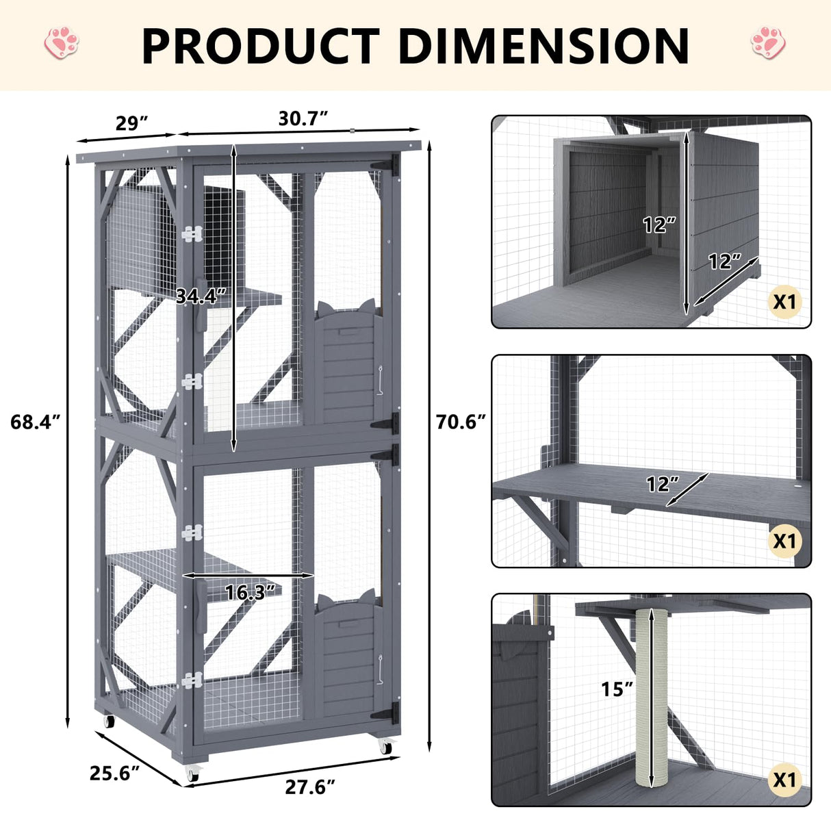 LEMBERI Cat House Catio Outdoor Enclosure Window, 71" Large Outside Patio Wooden Cat Cage with Wheels, Scratching Post, Waterproof Roof (Gray) LEMBERI