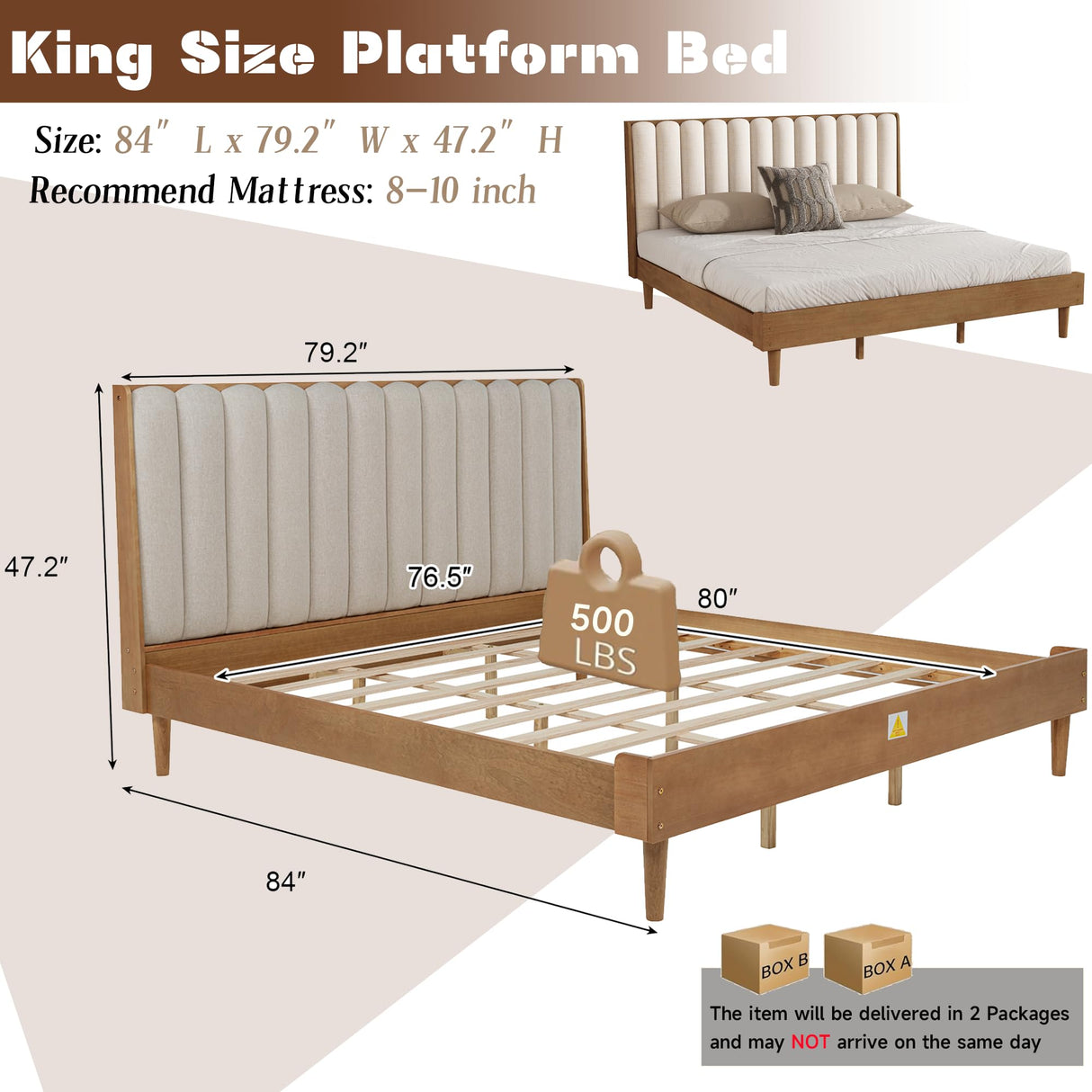 Mirightone Wood King Size Bed Frame,Tall Upholstered Tufted Headboard, Platform Bed King with Solid Rubber Wood Legs, Modern Style - No Box Spring Needed, Walnuts with Beige Mirightone