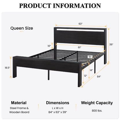 SHA CERLIN 14-Inch Queen Metal Bed Frame with Rustic Wooden Headboard – No Box Spring Needed, Large Under-bed Storage - WoodArtSupply