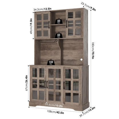 Keyluv Kitchen Pantry Storage Cabinet 71" Tall Freestanding Pantry Cabinet, Farmhouse Glass Door Buffet with Oven Countertop, Large Wood Hutch for Kitchen, Living Room and Dining Room, Rustic - WoodArtSupply