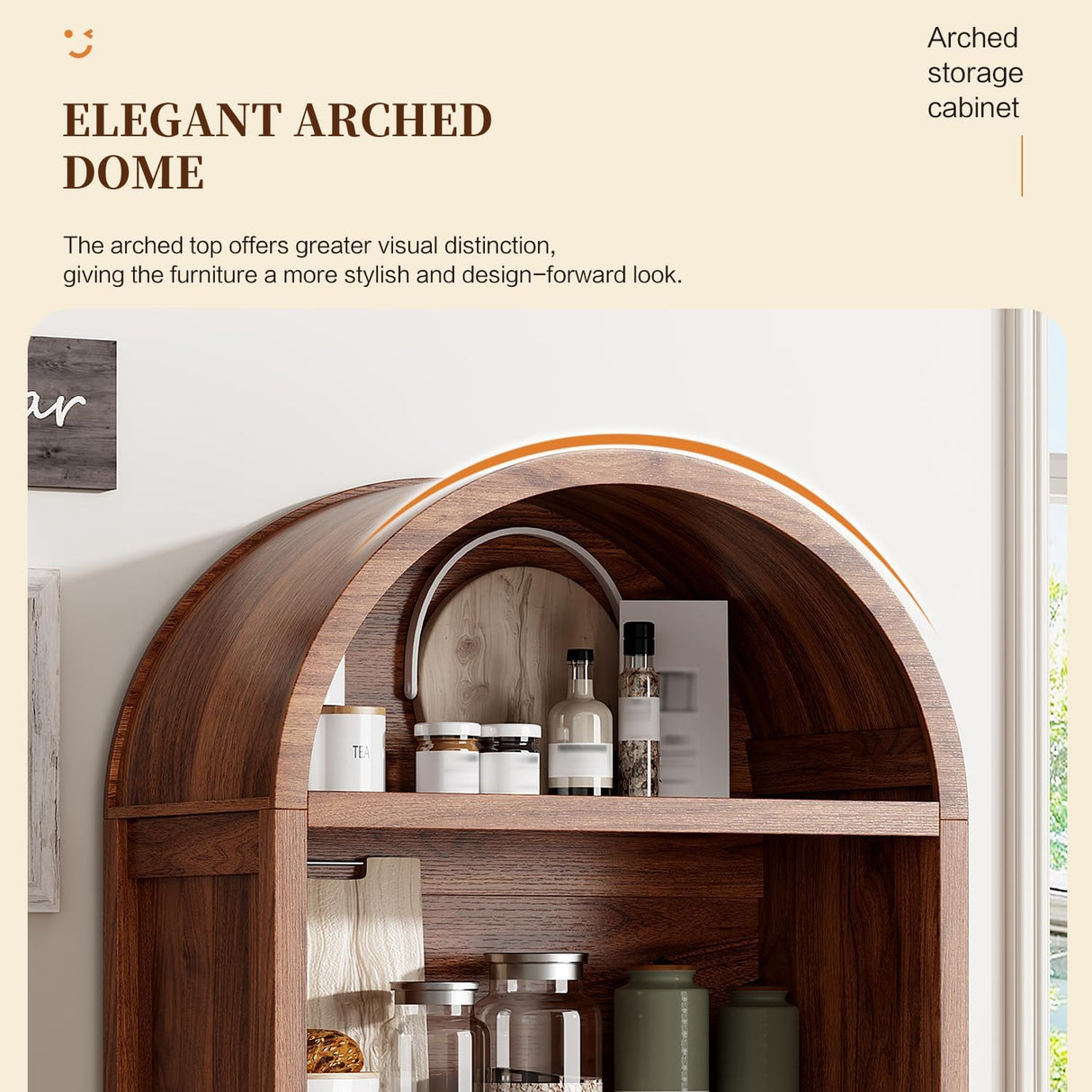 Ieejdn 71" Tall Arched Kitchen Pantry,Modern Fluted Wood Storage Cabinet with Doors,Adjustable Shelves,Organizer, Versatile Cupboard for Kitchen,Living Room,Dining Room,Bathroom,Walnut