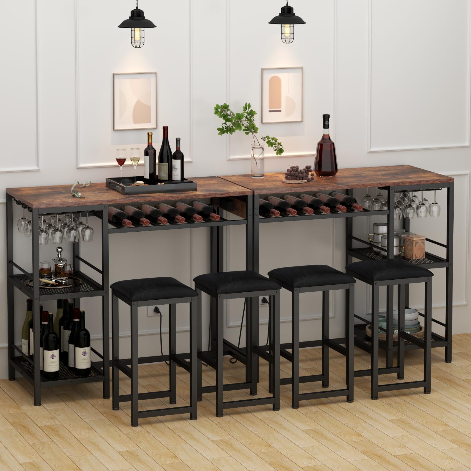 Gyfimoie Rustic Bar Table and Chair Set with Power Outlet, Storage Shelves, and Wine Rack - WoodArtSupply