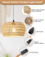 Rattan Boho Hanging Light,12.6'' Natural Hand Woven Fabric Drum Light,Plug Into Wall Outlet Pendant Light Fixture On/Off Switch for Dining,Living Room,Bedroom,Kitchen,Hallway Entryway, Without Bulb Dgroositon