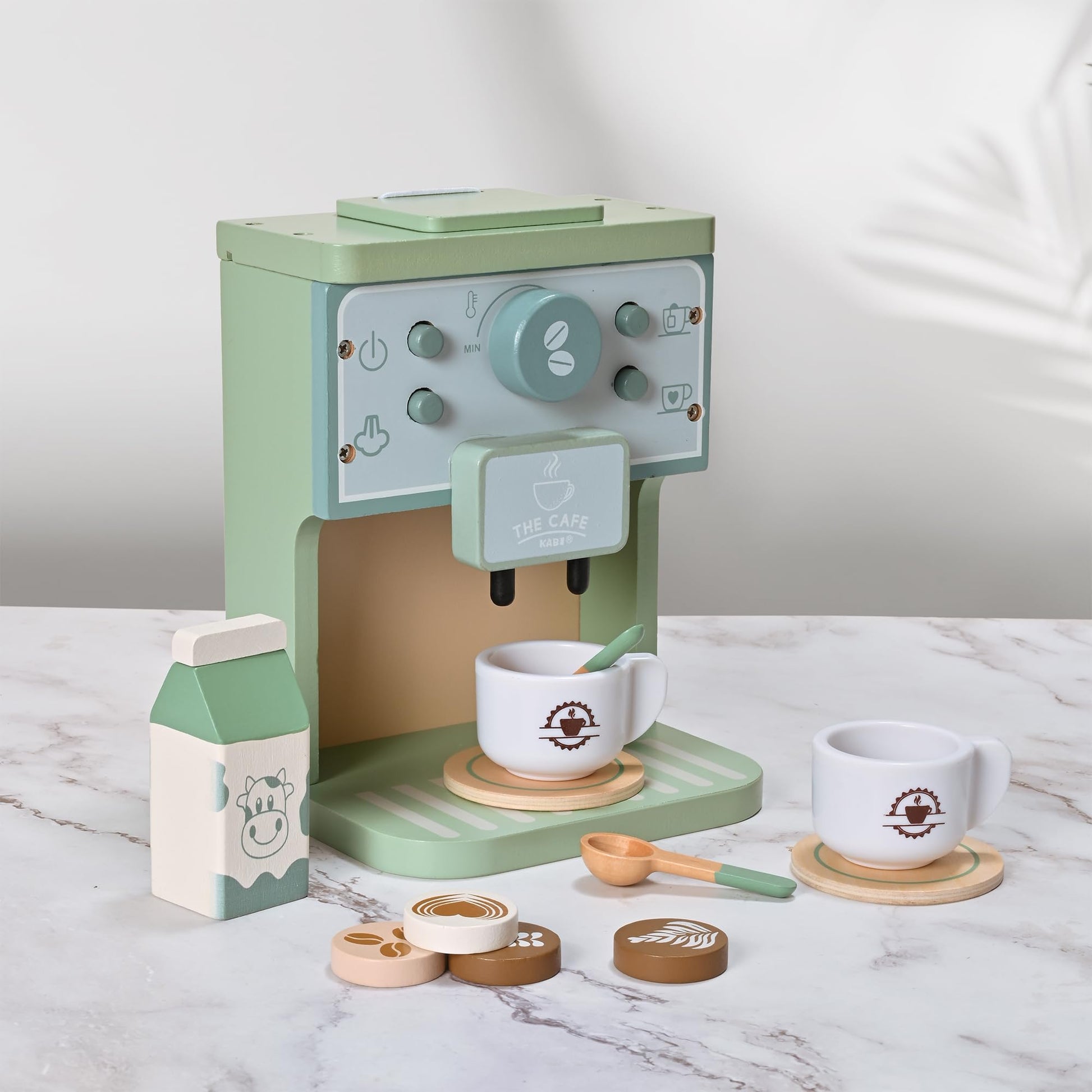 MONT PLEASANT Kids Wooden Toys Toddler Pretend Play Kitchen Accessories Green Coffee Maker Espresso Machine Playset Montessori Kitchen Toy Gift for Girls and Boys - WoodArtSupply