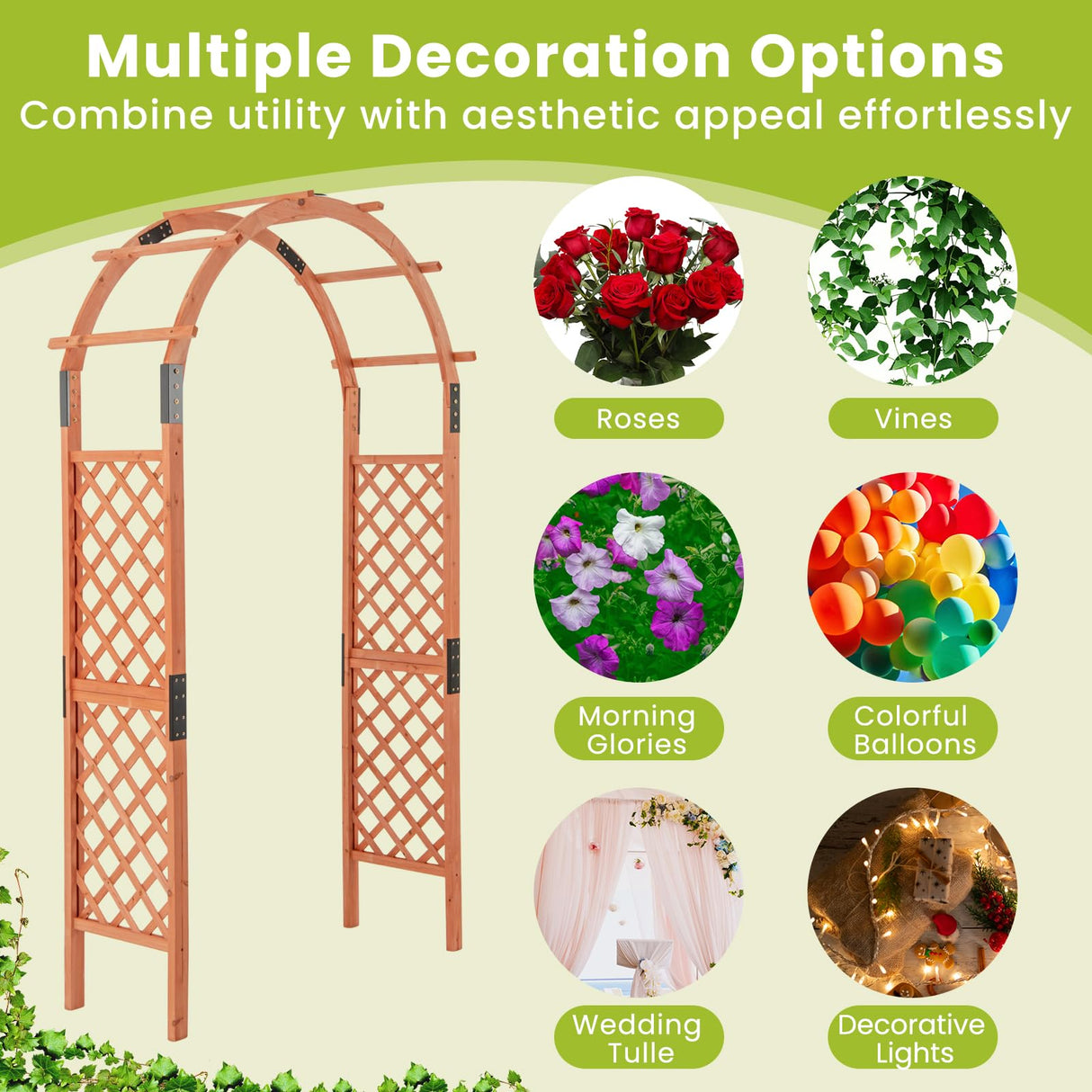 HAPPYGRILL 7.7 FT Wooden Garden Arbor, Outdoor Wood Garden Trellis for Climbing Plants, Wedding Arch Pergola for Ceremonies Parties, Solid Wood Backdrop Stand, Greenhouse Patio Lawn Decoration HAPPYGRILL