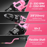 20V Cordless Drill, Electric Power Drill Set with Battery Charger, 3/8” Keyless Chuck, 2 Variable Speed, 18+3 Torque, 72pcs Driver Bits and Belt Hook, Pink JIARUISI