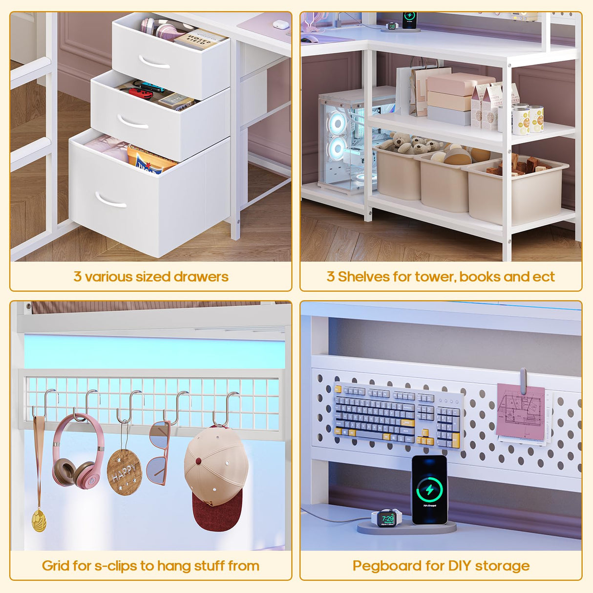 ADORNEVE Twin Size Loft Bed with L-Shaped Desk, Storage Drawers & RGB Arcylic Cabinet, Expanded Safety Power Outlet, Metal LED Loft Bed Frame with Wide Ladder, for Teen Girls, White ADORNEVE