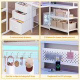 ADORNEVE Twin Size Loft Bed with L-Shaped Desk, Storage Drawers & RGB Arcylic Cabinet, Expanded Safety Power Outlet, Metal LED Loft Bed Frame with Wide Ladder, for Teen Girls, White ADORNEVE