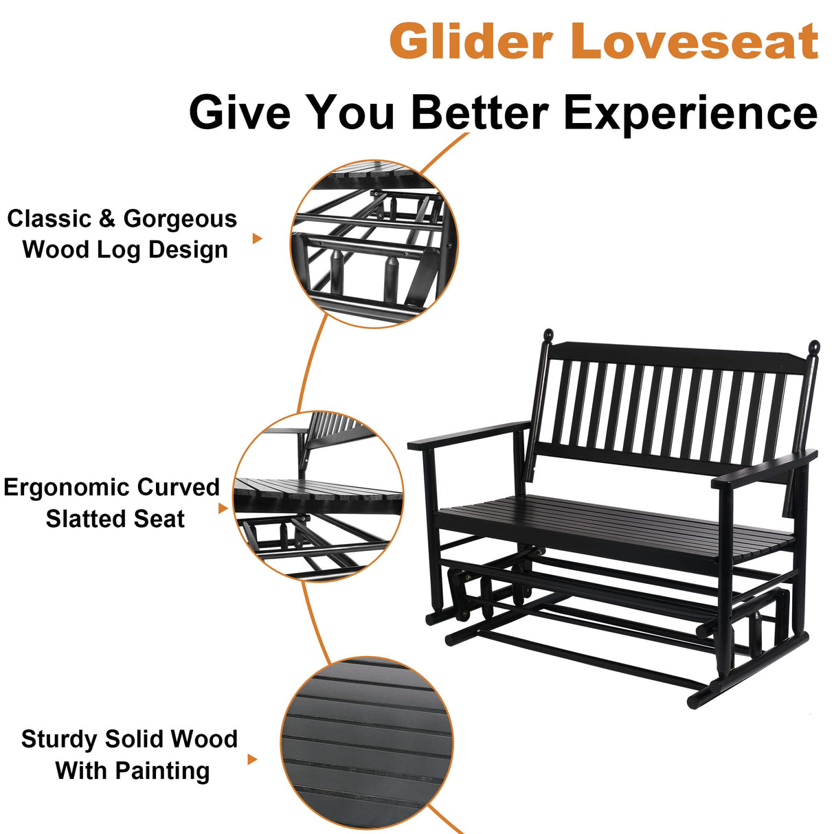 Fadidio Patio Glider Bench Outdoor, Porch Swing Glider for Outside, Wooden 2-Person Loveseat Rocking Bench Funiture, Black Gliders Fadidio