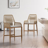 Halitaa Bar Stools Set of 2, Counter Height Barstools with Backrest and Cushion, Modern Rattan Wicker Patio Stools for Kitchen Patio Balcony Pool Outdoor Accent Counter Chairs, White Halitaa