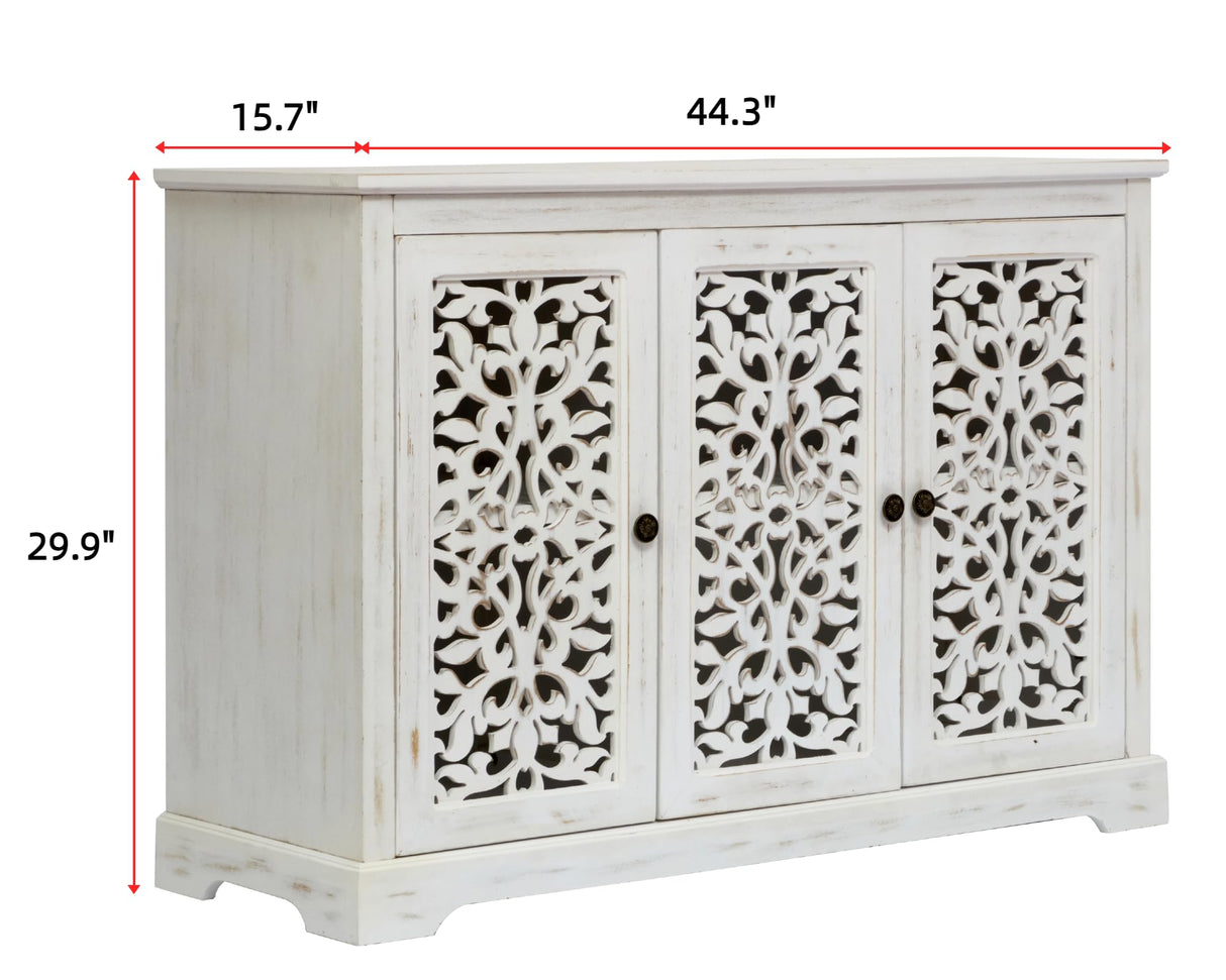 LKTART 44" Sideboard Buffet Cabinet, Farmhouse Accent Storage with 3 Hollow Carved Doors for Living/Dining Room,Kitchen Antique White LKTART