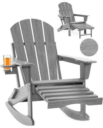 Serique 4-in-1 Multifunctional Folding Adirondack Rocking Chair, Patio Chair with Retractable Ottoman, Outdoor Chair Wood Texture, Lawn Chair for Porch, Backyard, Pool(Grey) - WoodArtSupply